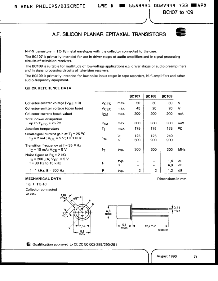BC109,BC109 pdf中文资料,BC109引脚图,BC109电路-Datasheet-电子工程世界